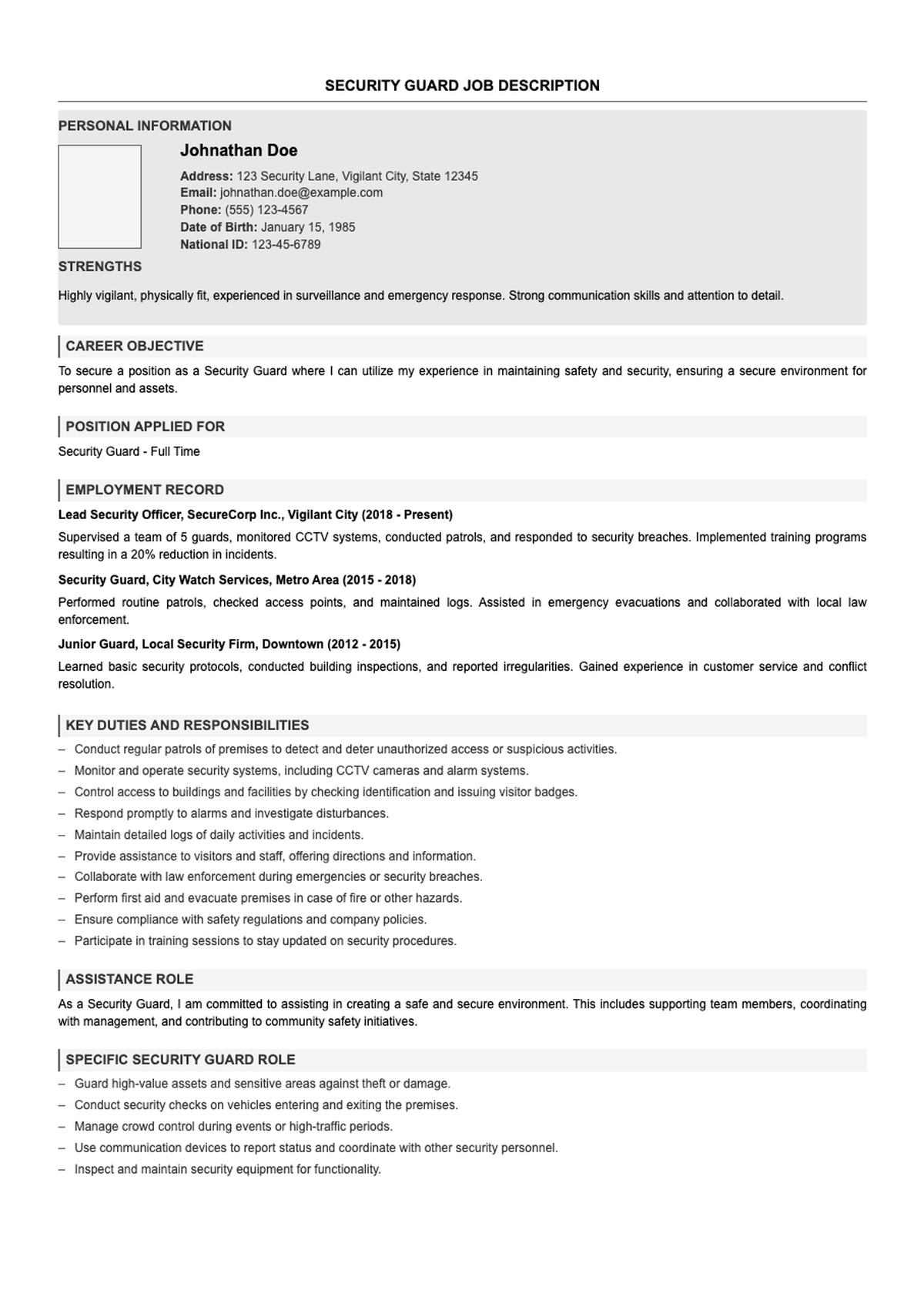 Professional security guard resume with career objective and employment history_variant_3